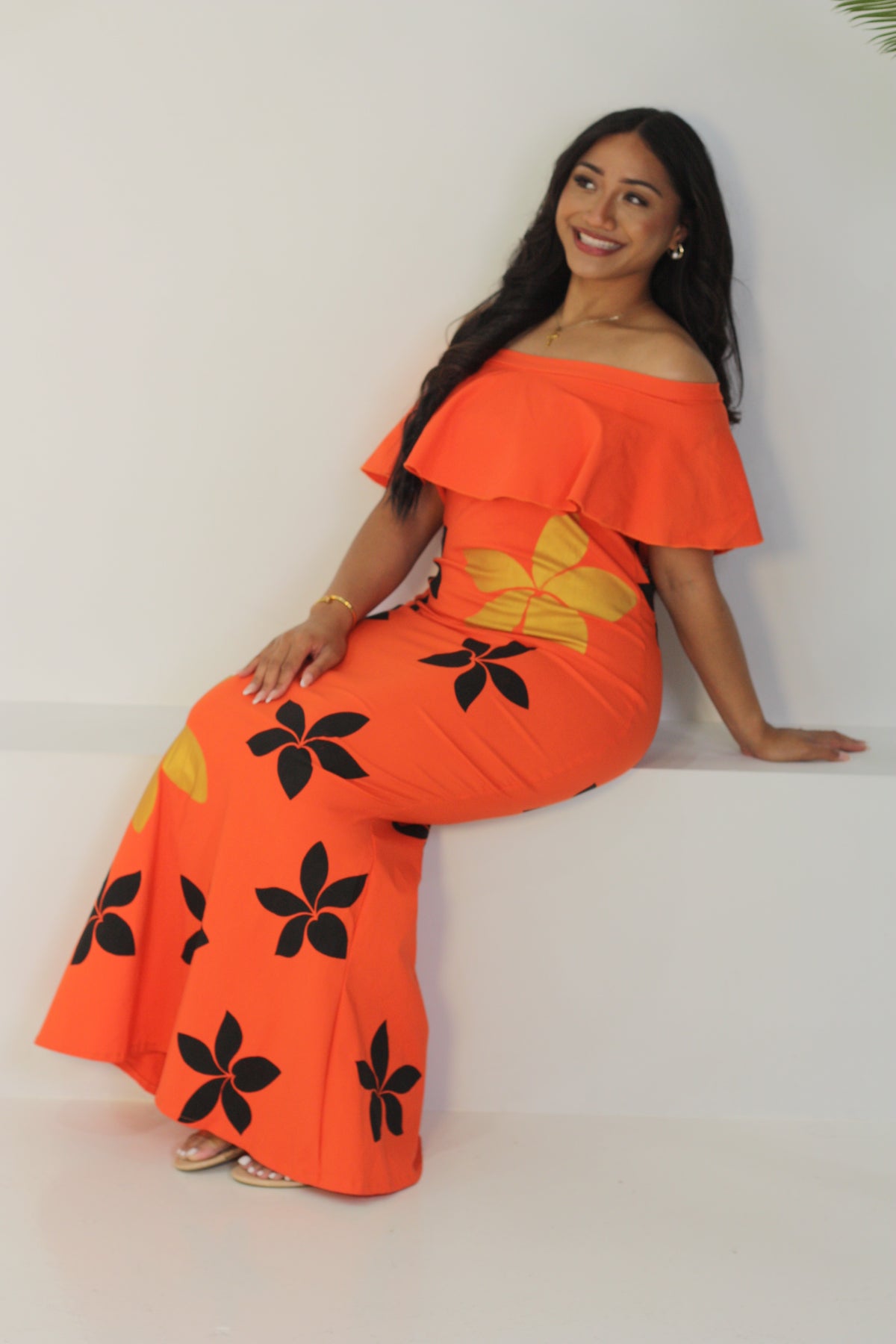 Cece's Orange Frangipani Offshoulder Dress (Size 14 only)