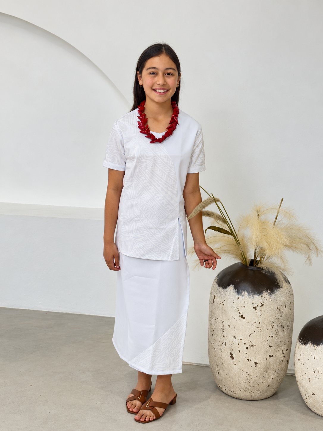 Polynesian Fashion Girls Puletasi White on White