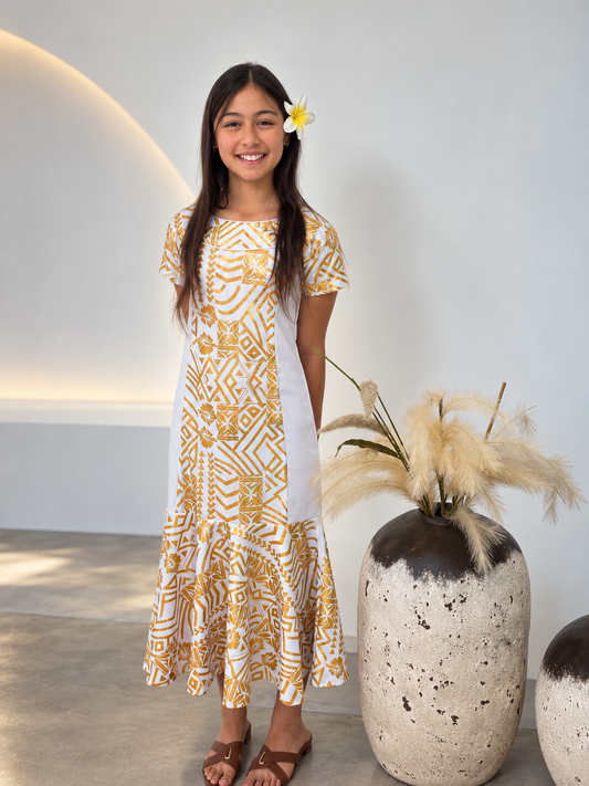 Polynesian Fashion Girls Dress White Metalic Gold