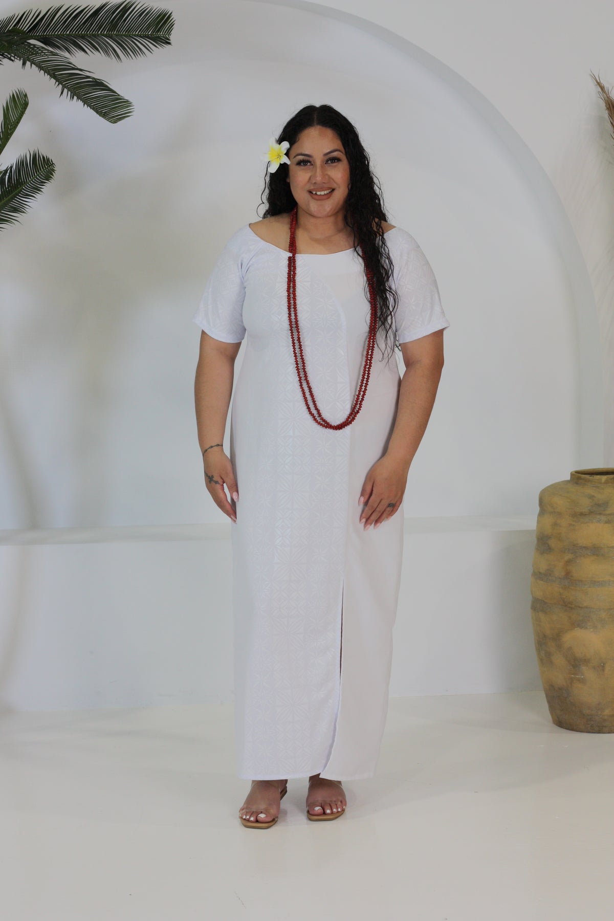 Polynesian Fashion Women's White Elei Dress (Straight cut)
