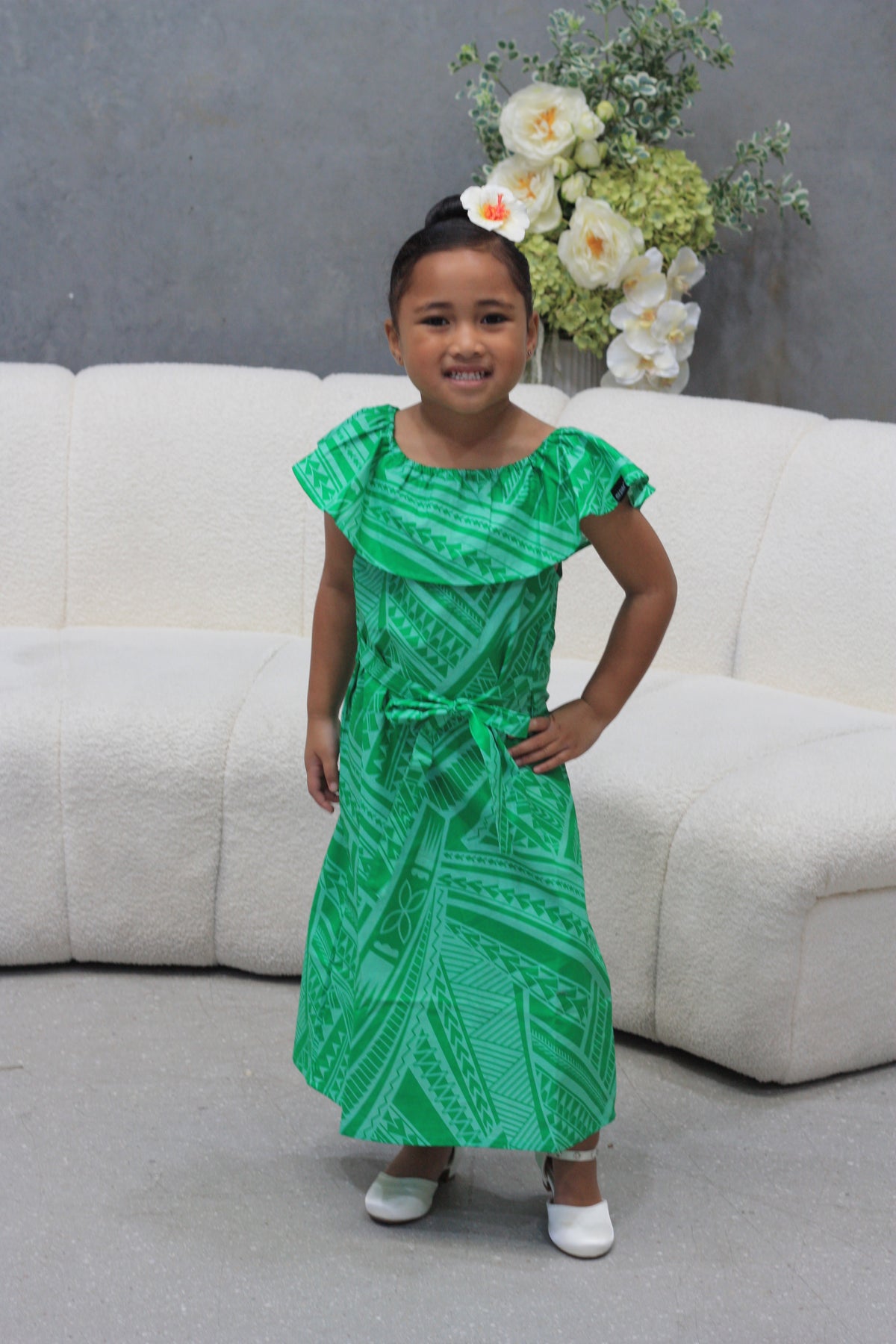 Mesian Girl's Off-shoulder Dress in Green (CT3240)