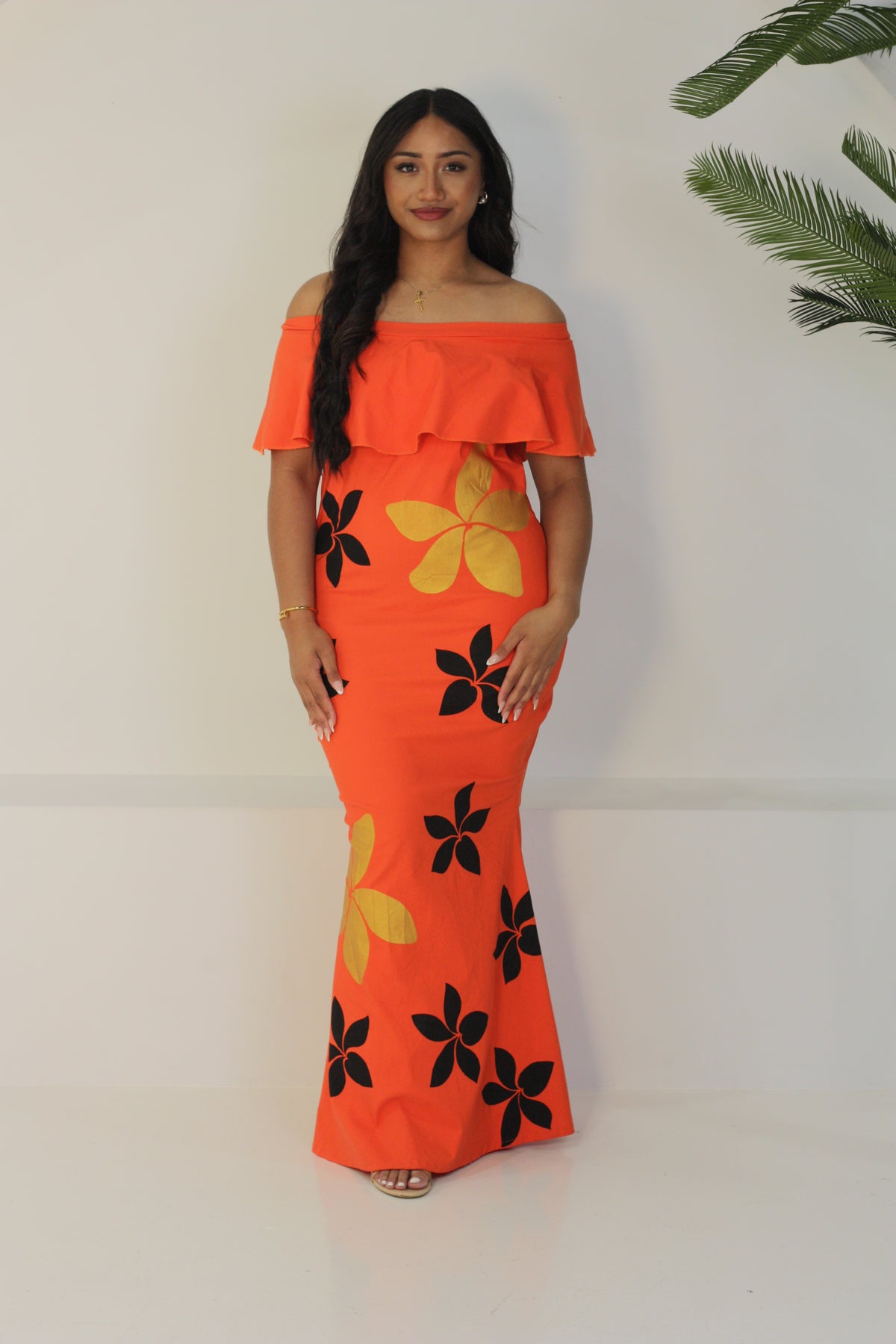 Cece's Orange Frangipani Offshoulder Dress (Size 14 only)