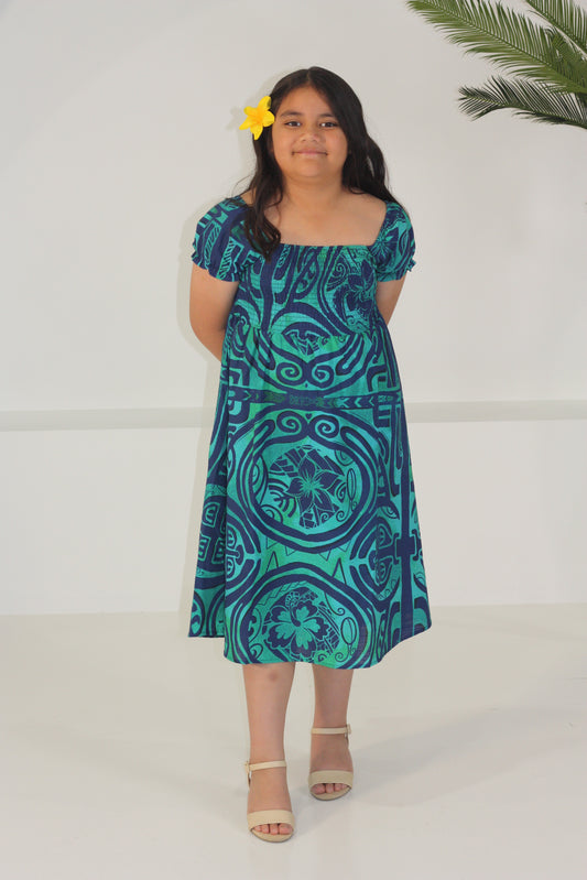 Akamu Girls Vali Smocked Dress Viriya Teal LG2049