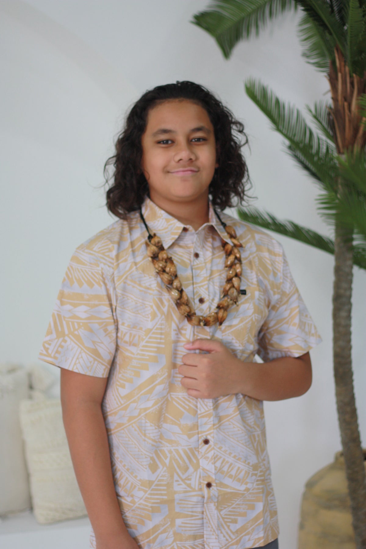 Tribal Origin Boy's Bula Shirt - Beige and Light Grey (SB2095)