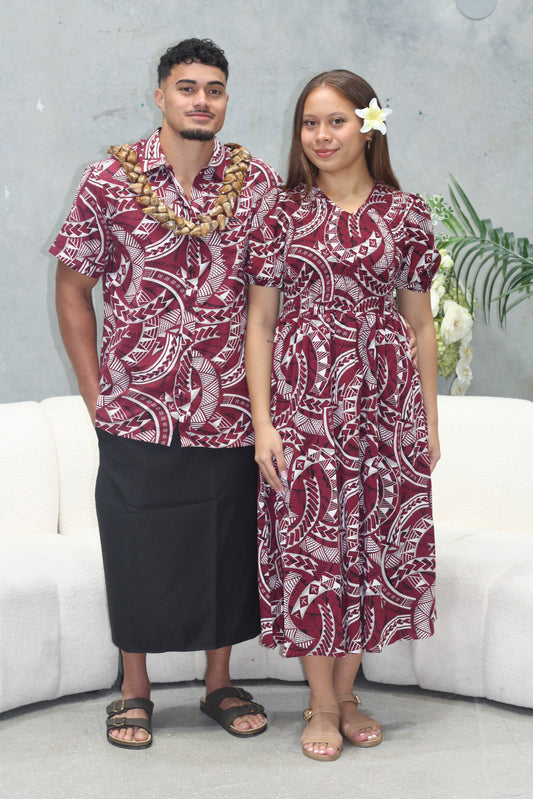 Tribal Origin Mens Bula Shirt- Kovia in Maroon SS4326