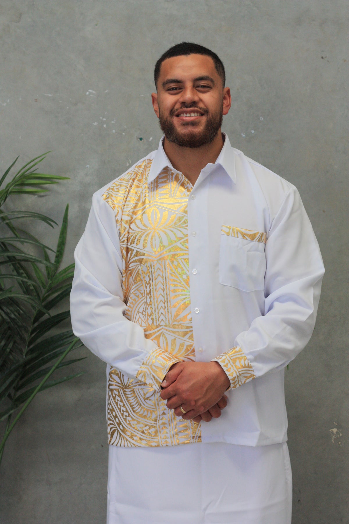 Polynesian Fashion Men Long Sleeve Shirt Metalic (White and Gold)