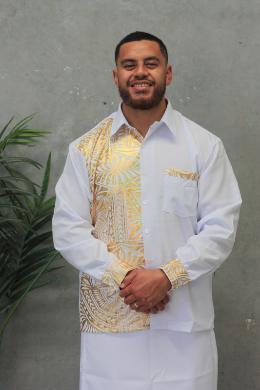 Polynesian Fashion Men Long Sleeve Shirt Metalic (White and Gold)