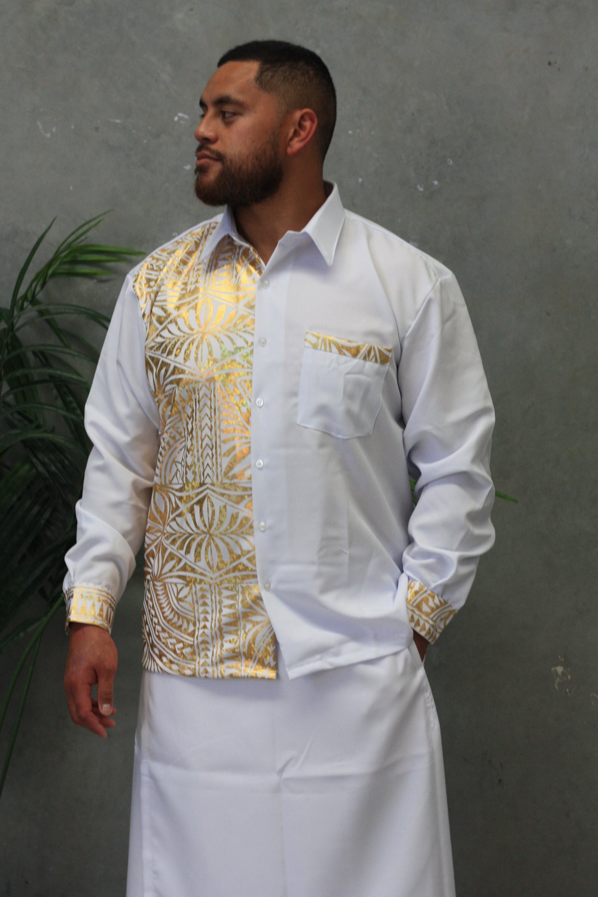 Polynesian Fashion Men Long Sleeve Shirt Metalic (White and Gold)
