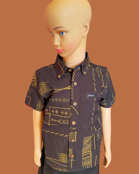 Tanoa Samoa Boy's Shirt ( Pua Malu Black & Gold) B4WS004